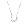Silver horseshoe necklace with small CZ stones on a white background