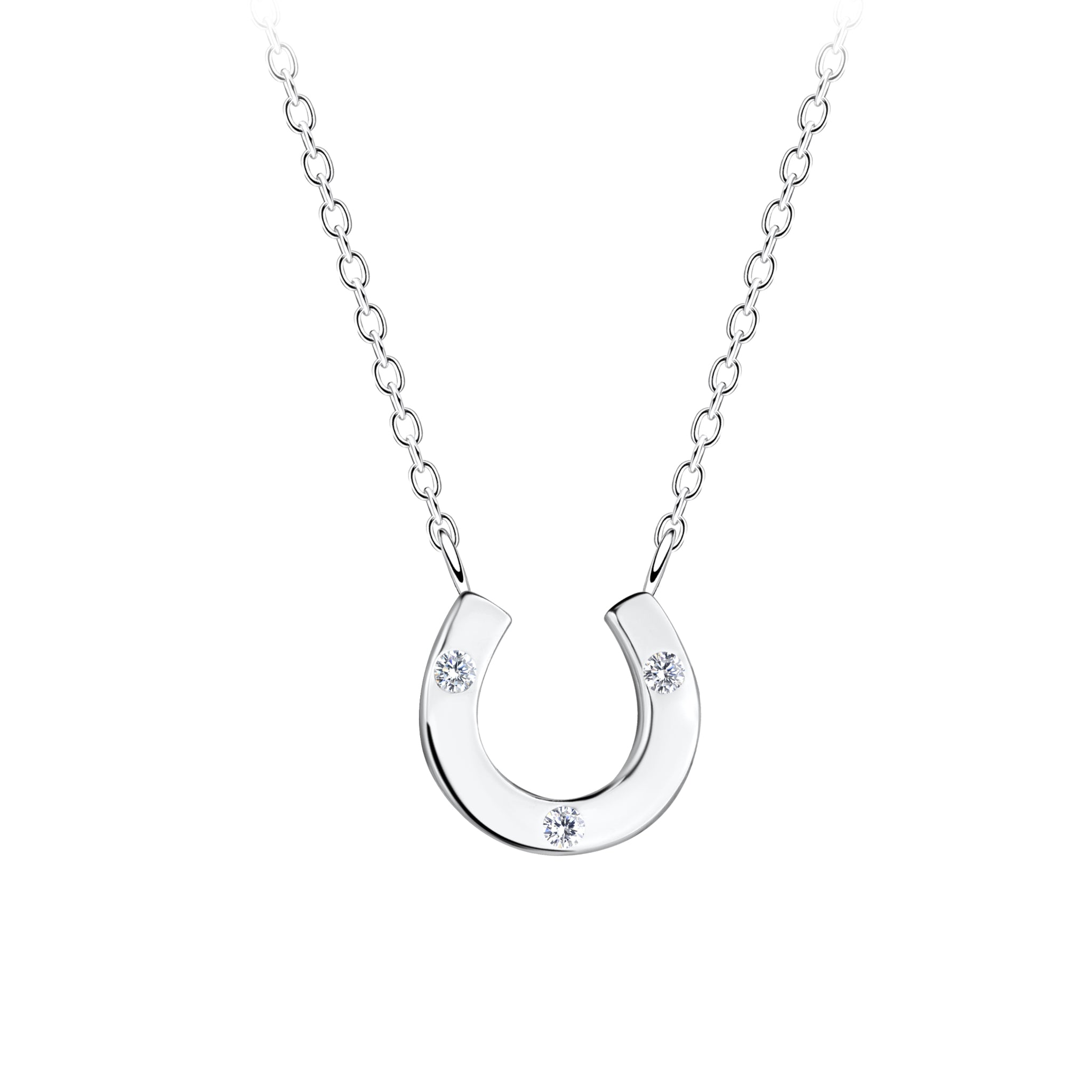 Silver horseshoe necklace with small CZ stones on a white background