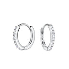 Pair of silver hoop earrings with CZ stones on a white background