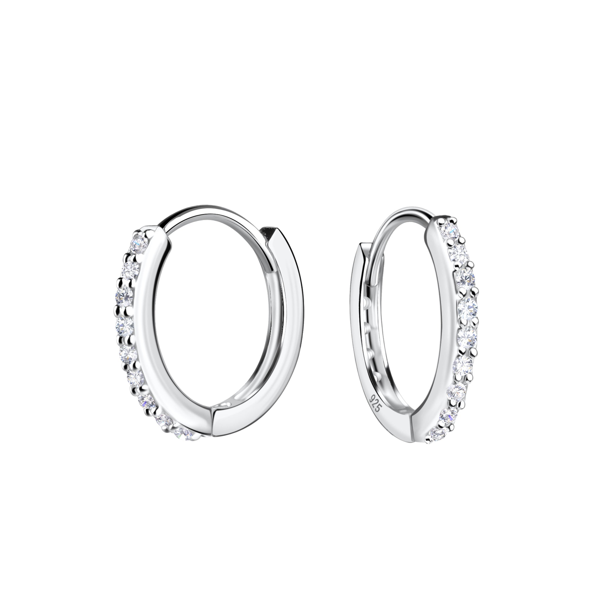 Pair of silver hoop earrings with CZ stones on a white background