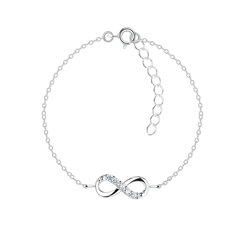 Silver infinity bracelet with CZ stones on a white background
