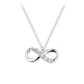 Silver infinity necklace with CZ stones on a white background