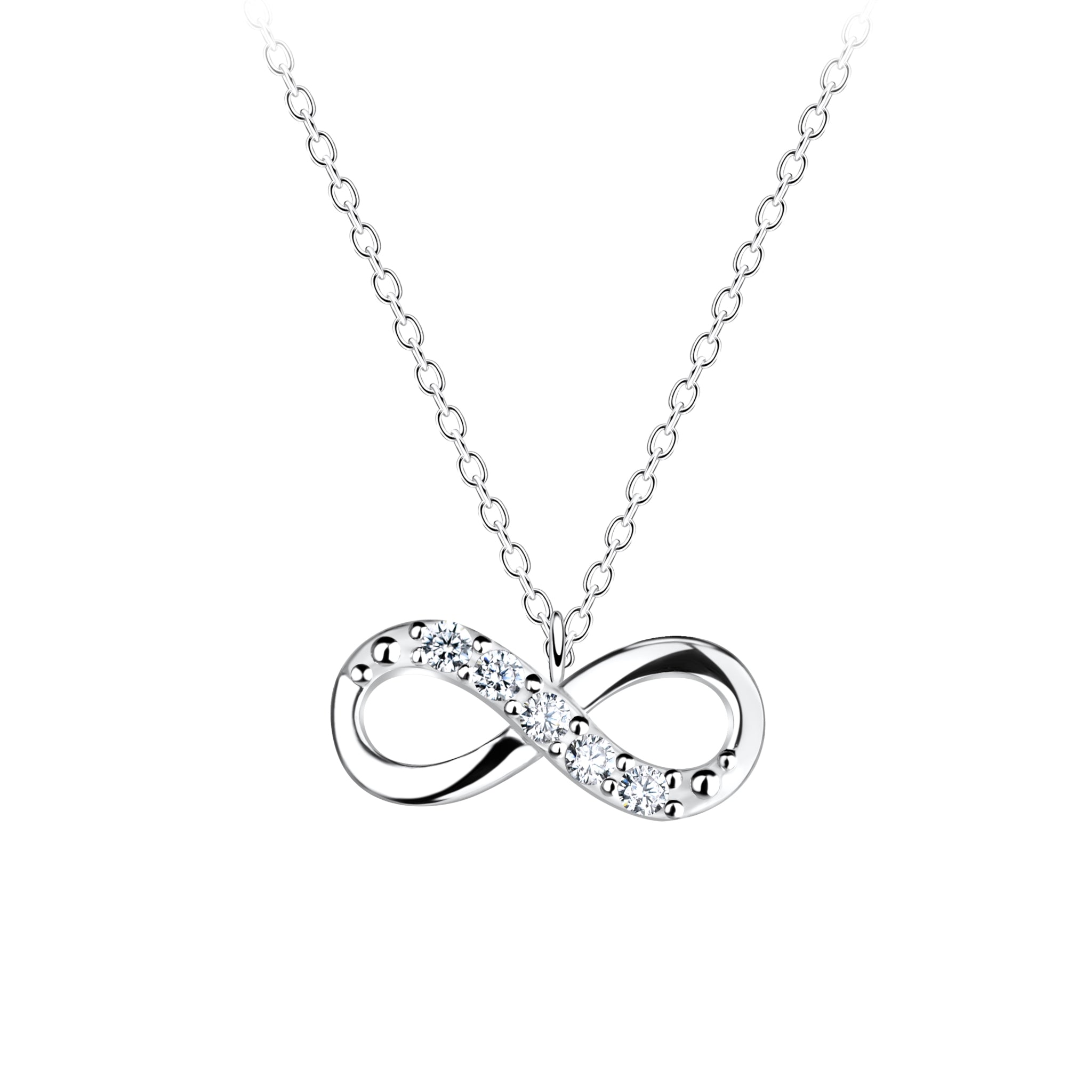 Silver infinity necklace with CZ stones on a white background