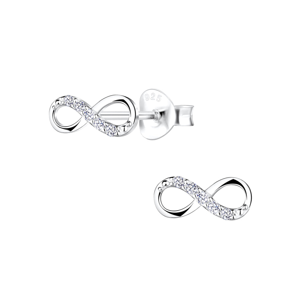 Silver infinity with CZ stones stud earrings on a white background