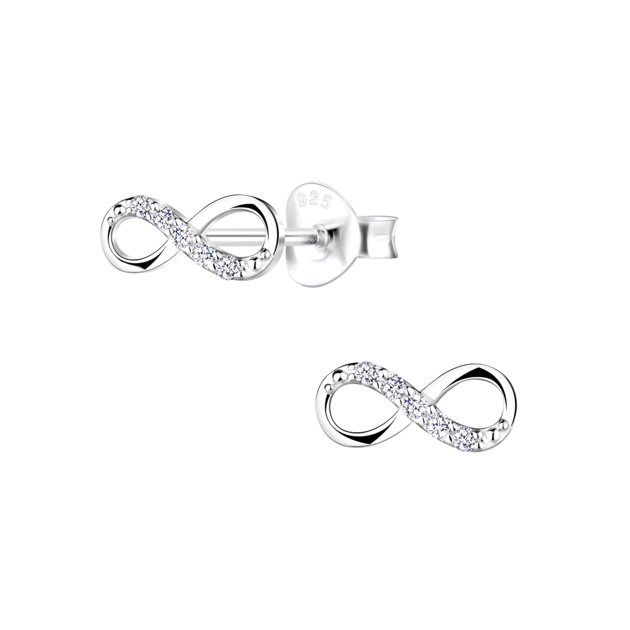 Silver infinity with CZ stones stud earrings on a white background
