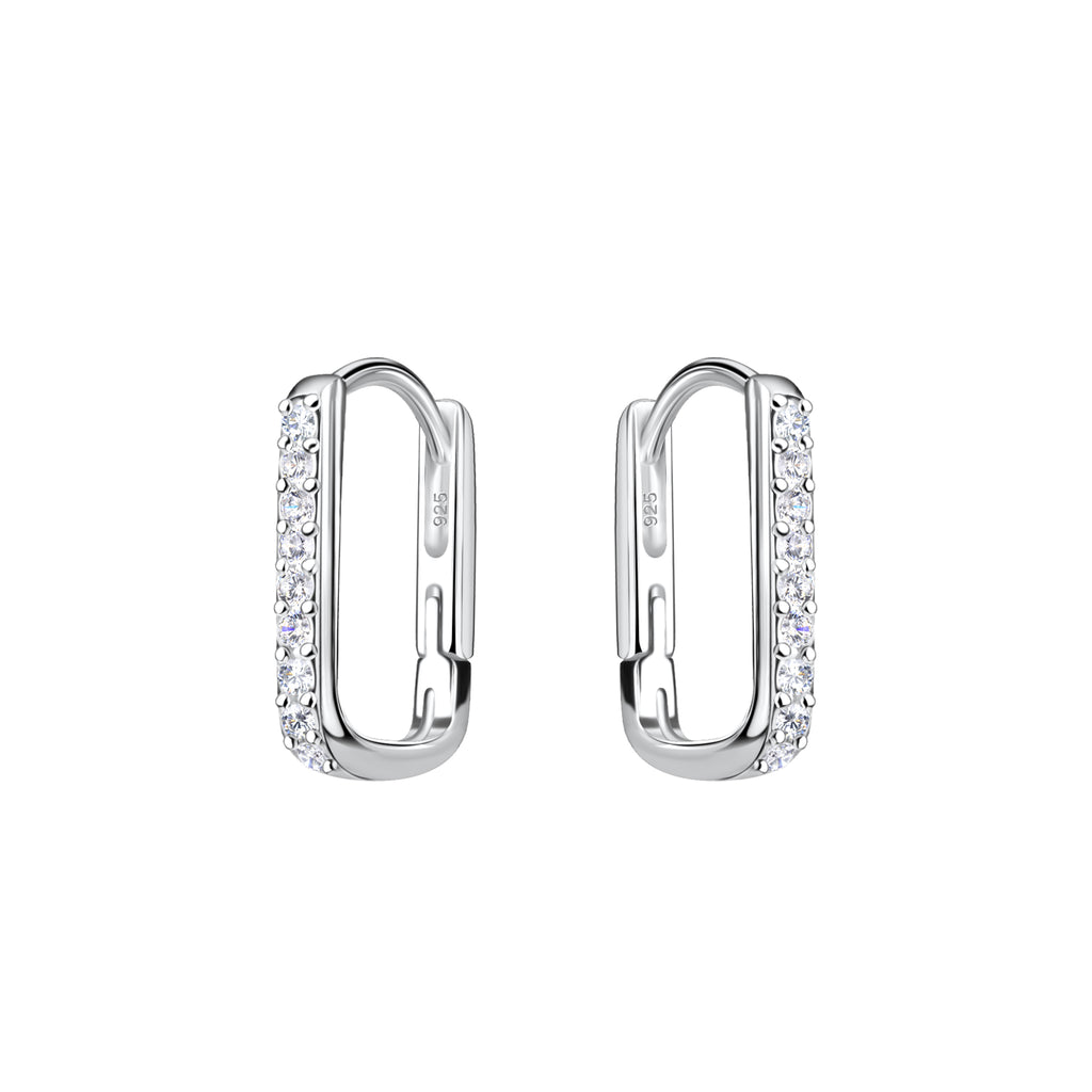 Pair of rectangular silver hoop earrings with CZ stones on a white background