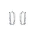 Pair of rectangular silver hoop earrings with CZ stones on a white background