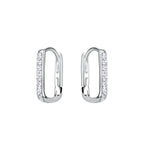 Pair of rectangular silver hoop earrings with CZ stones on a white background