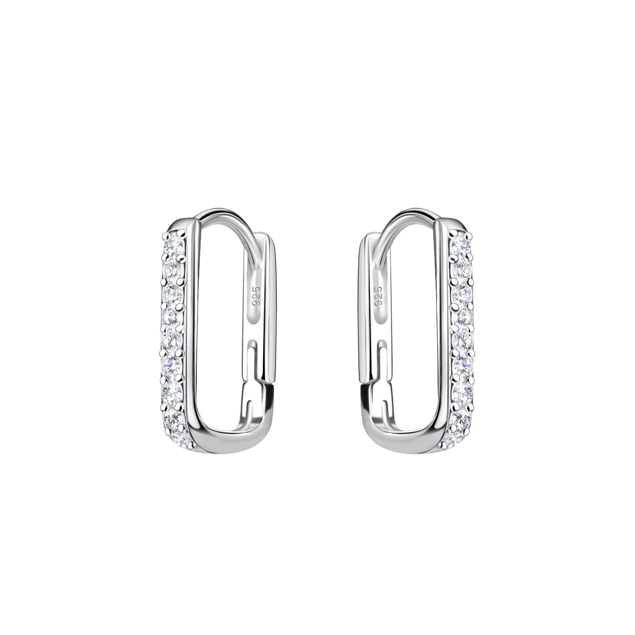 Pair of rectangular silver hoop earrings with CZ stones on a white background