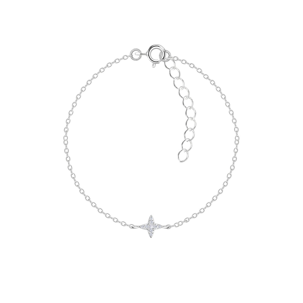 Silver bracelet with a star-shaped charm with CZ stones on a white background