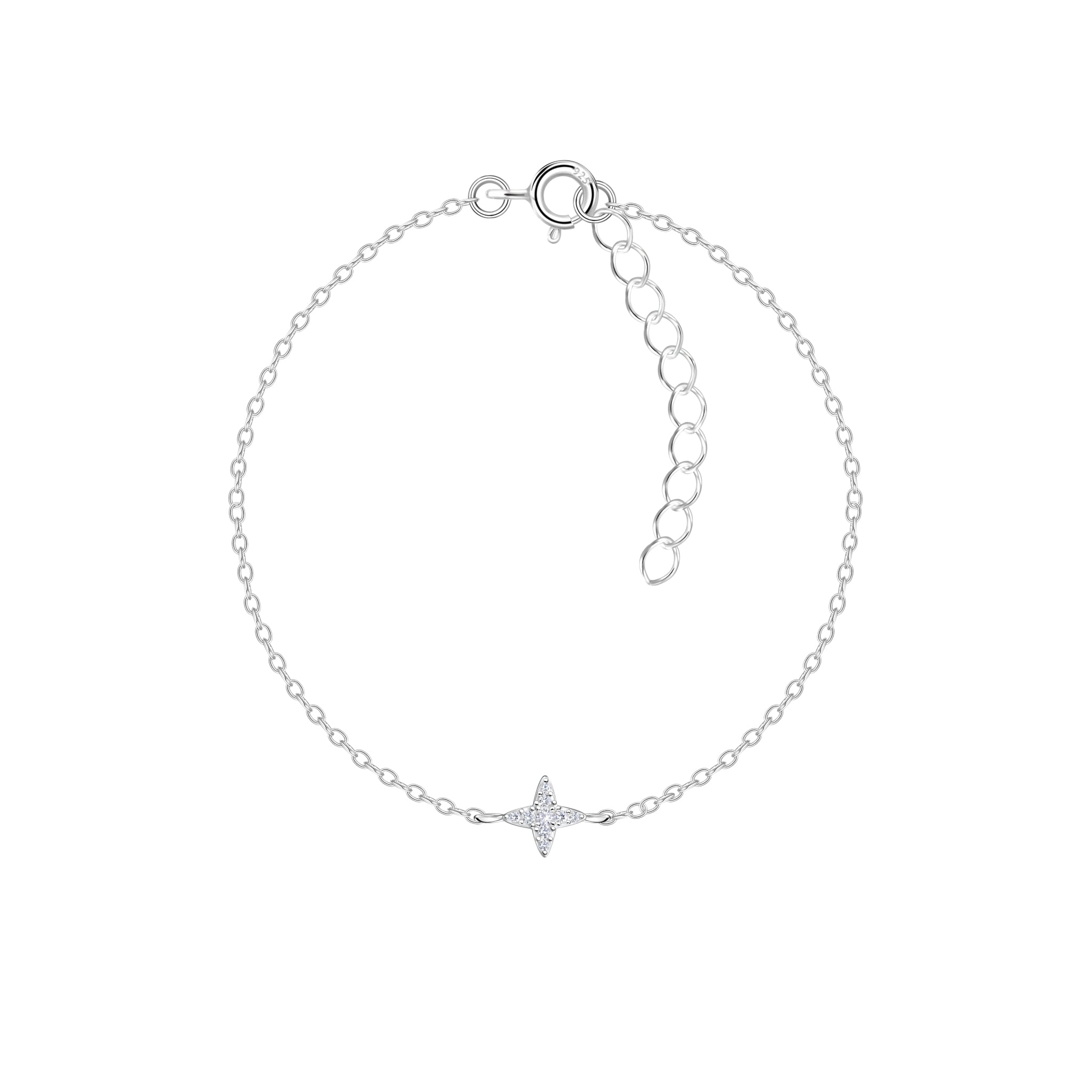 Silver bracelet with a star-shaped charm with CZ stones on a white background