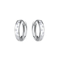 Pair of silver hoop earrings with star shaped CZ stones on a white background