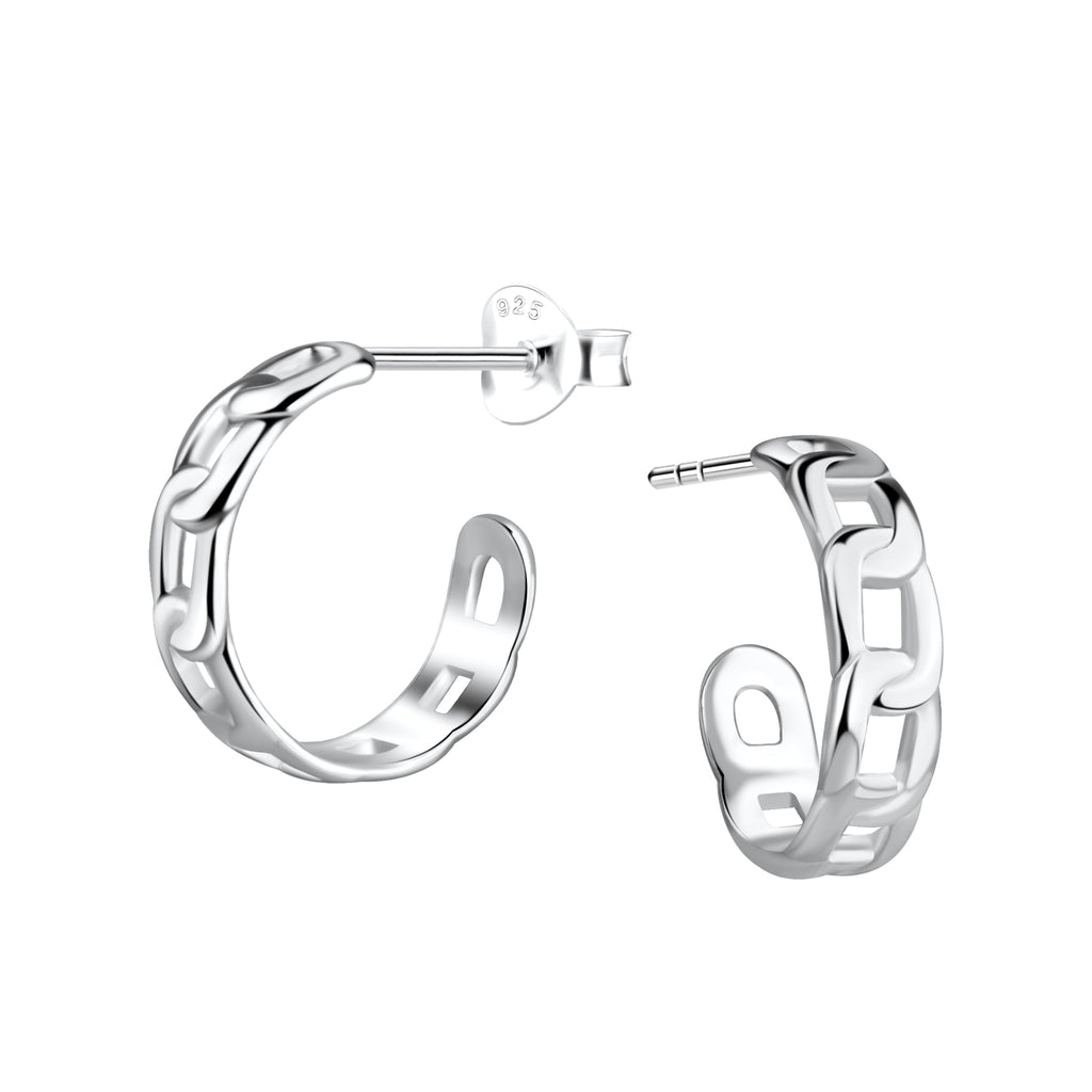 Chain link silver half hoop stud earrings on a white background