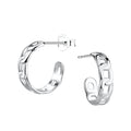 Chain link silver half hoop stud earrings on a white background