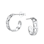 Chain link silver half hoop stud earrings on a white background