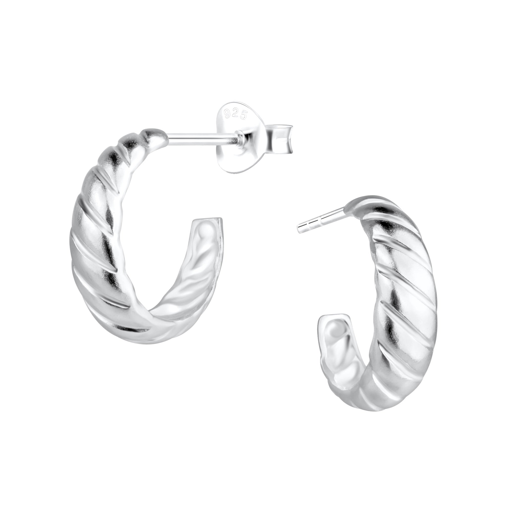 Silver chunk croissant style half hoop stud earrings on a white background