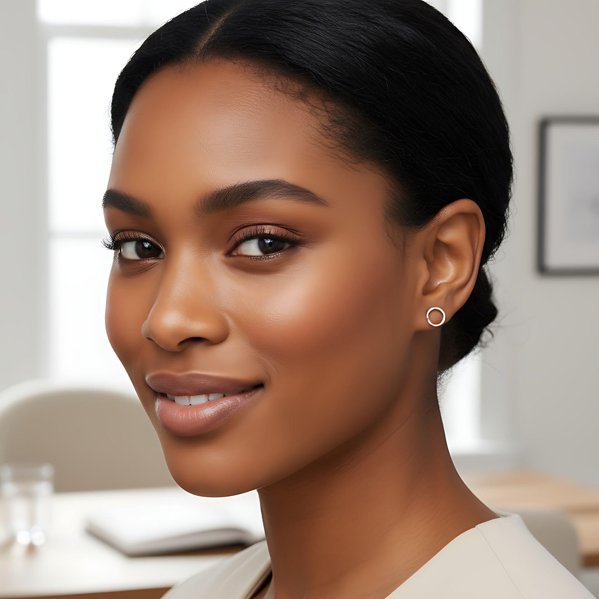 Woman with a neat bun hairstyle wearing a circle shaped silver stud earring indoors.