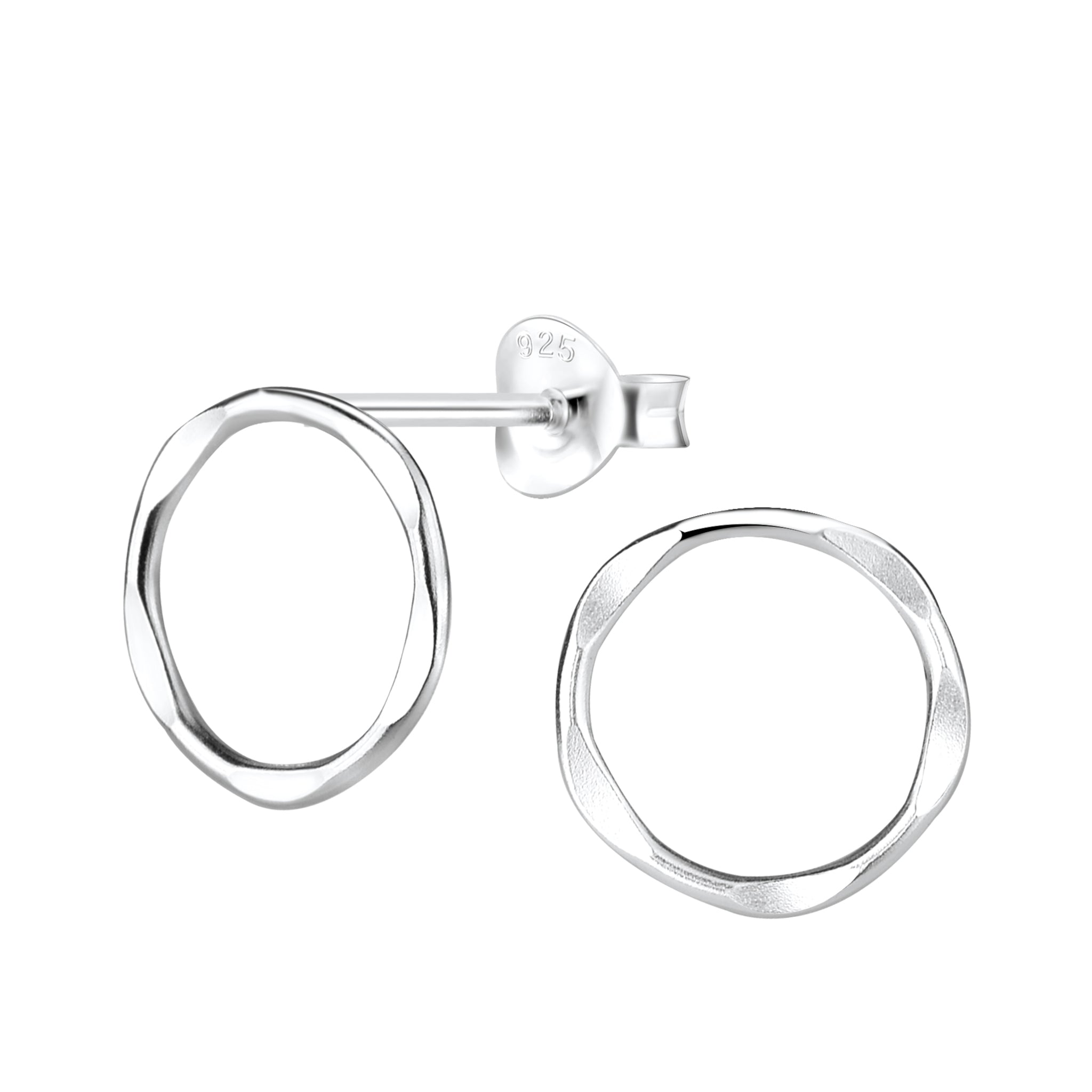 Circle shaped silver stud earrings on a white background