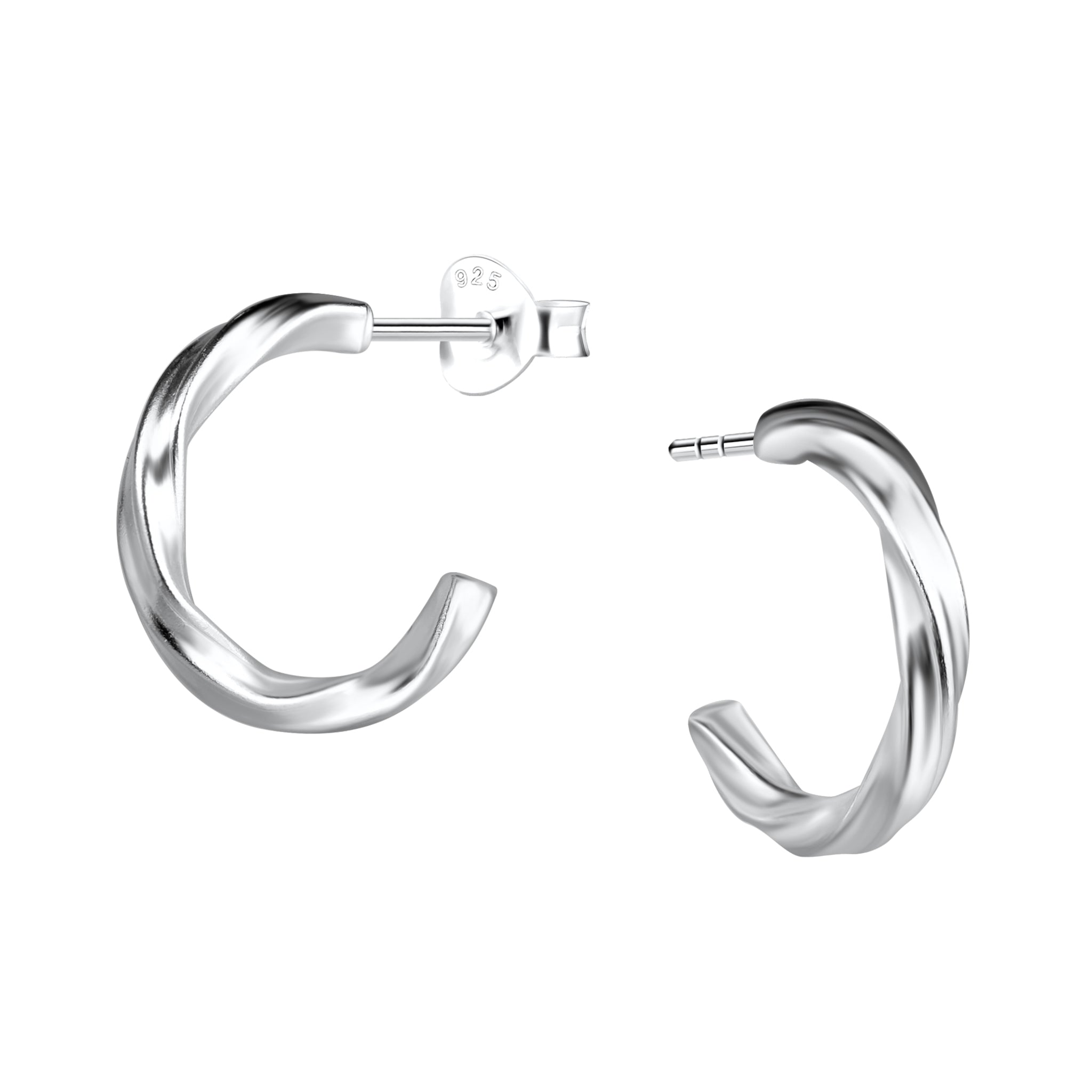 Twisted silver half hoop stud earrings on a white background