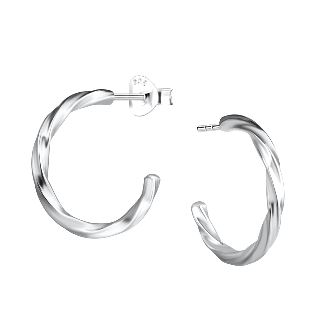 Twisted silver half hoop stud earrings on a white background