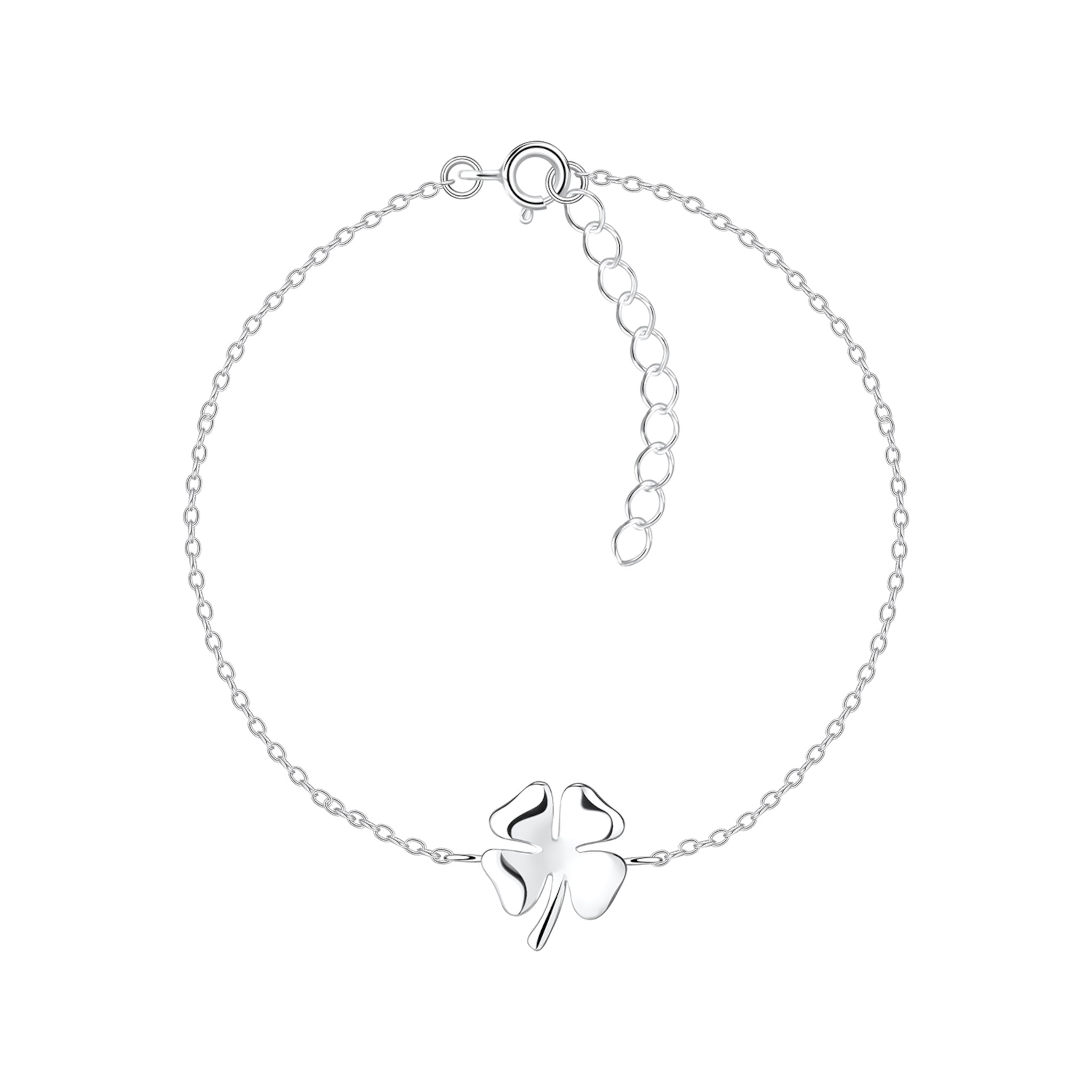 Silver bracelet with a clover-shaped charm on a white background