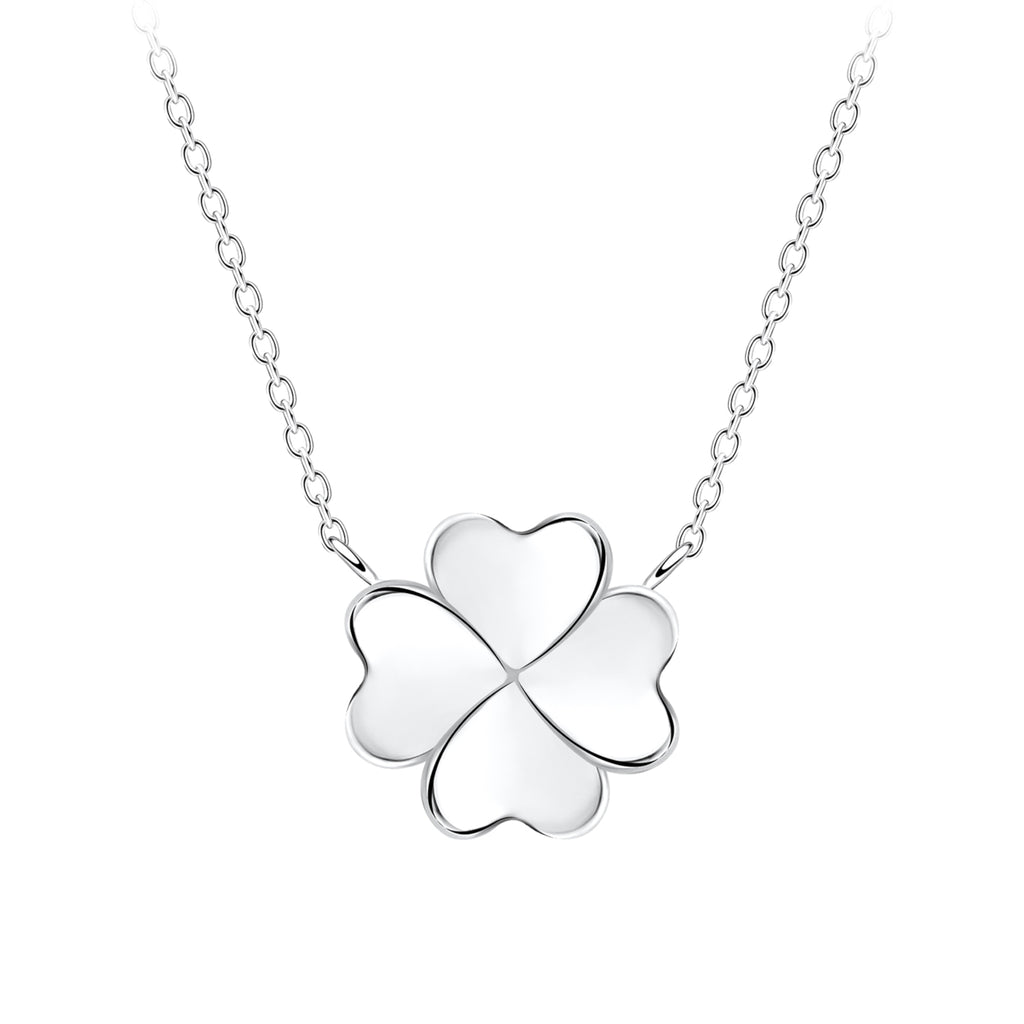 Silver four-leaf clover necklace on a white background