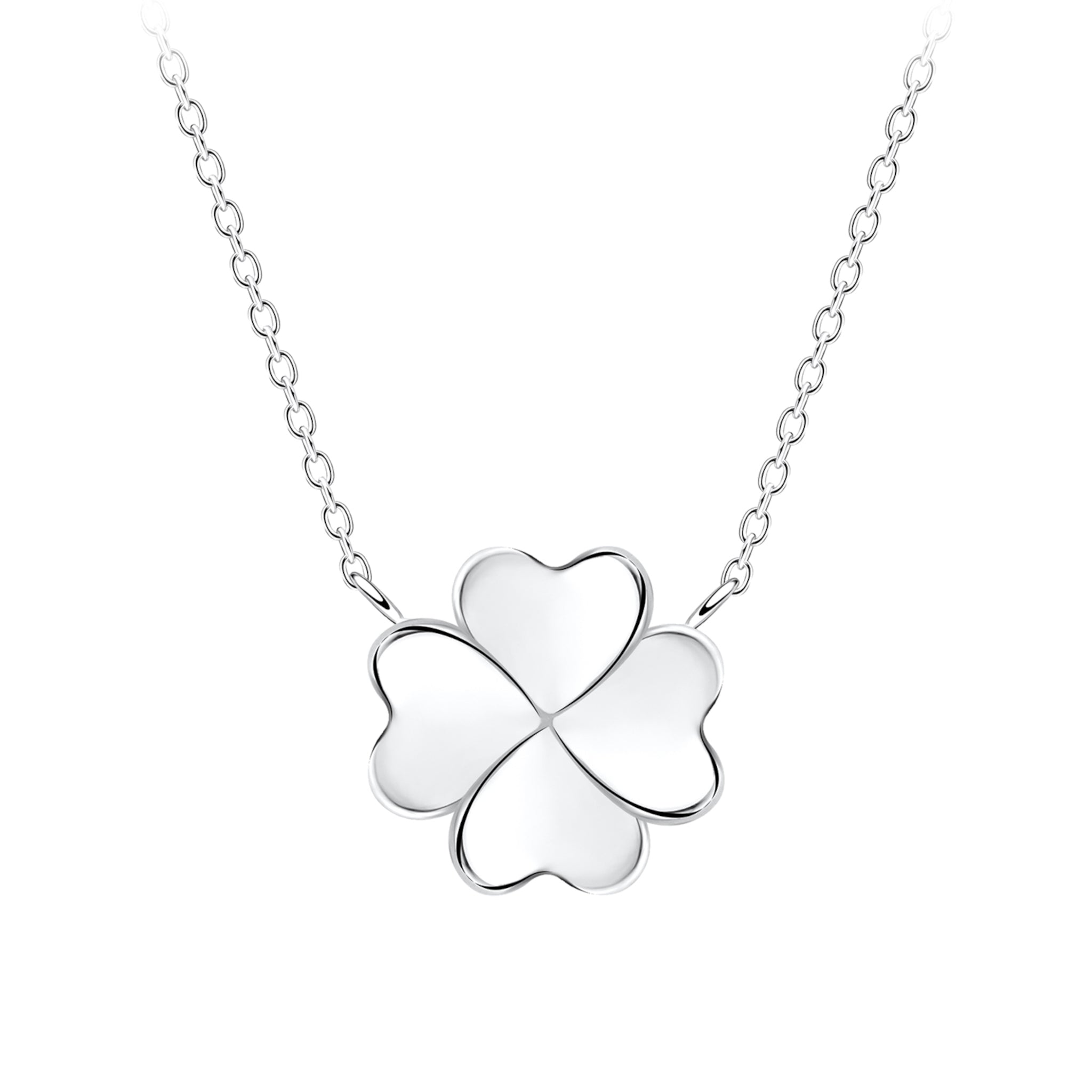 Silver four-leaf clover necklace on a white background