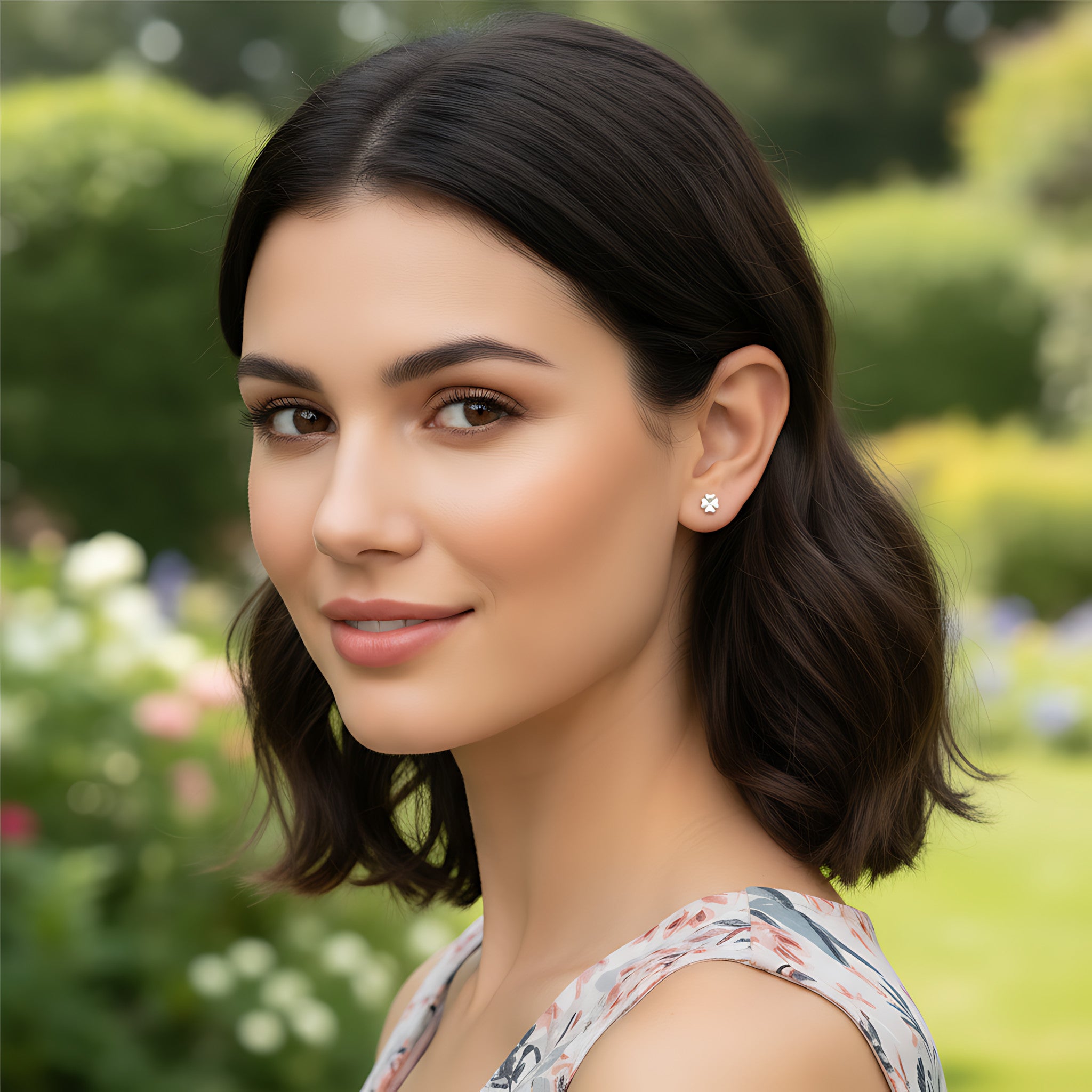 Woman with short dark hair wearing silver clover stud earring standing in a garden with blurred greenery