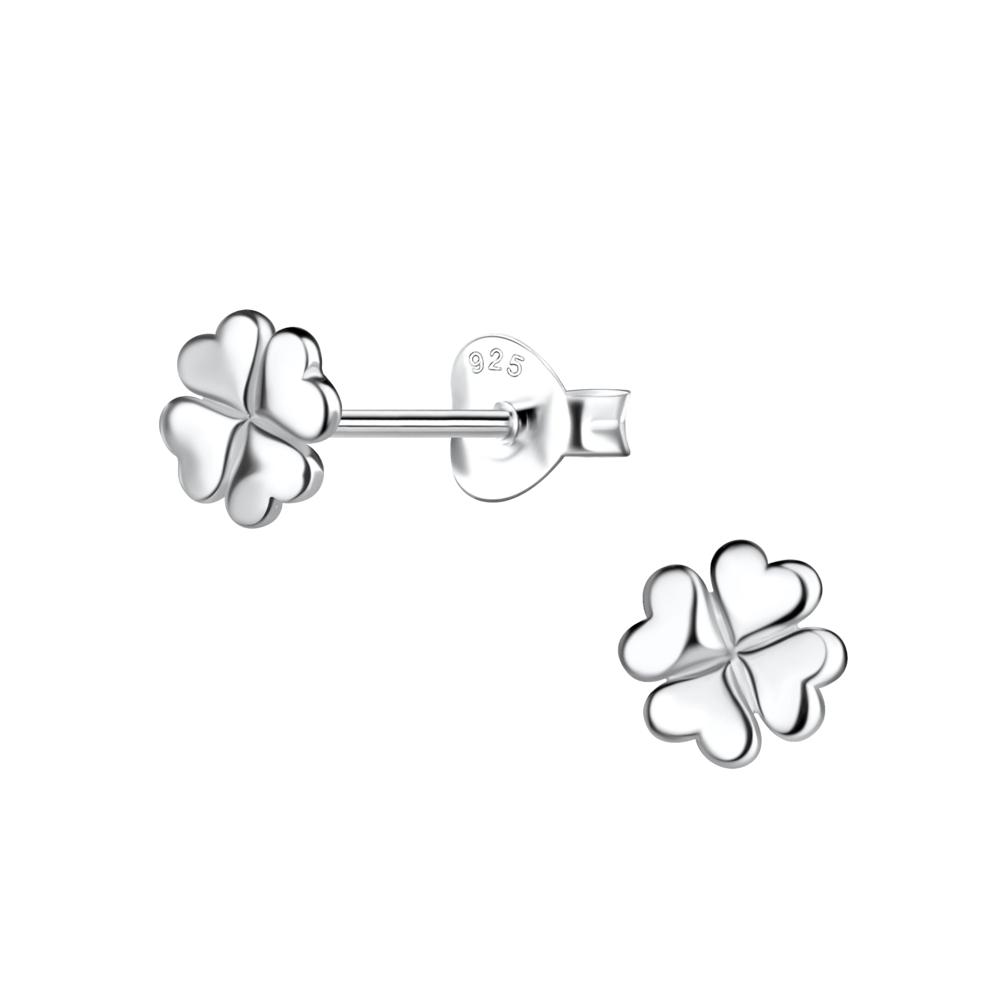 Silver four-leaf clover stud earrings on a white background