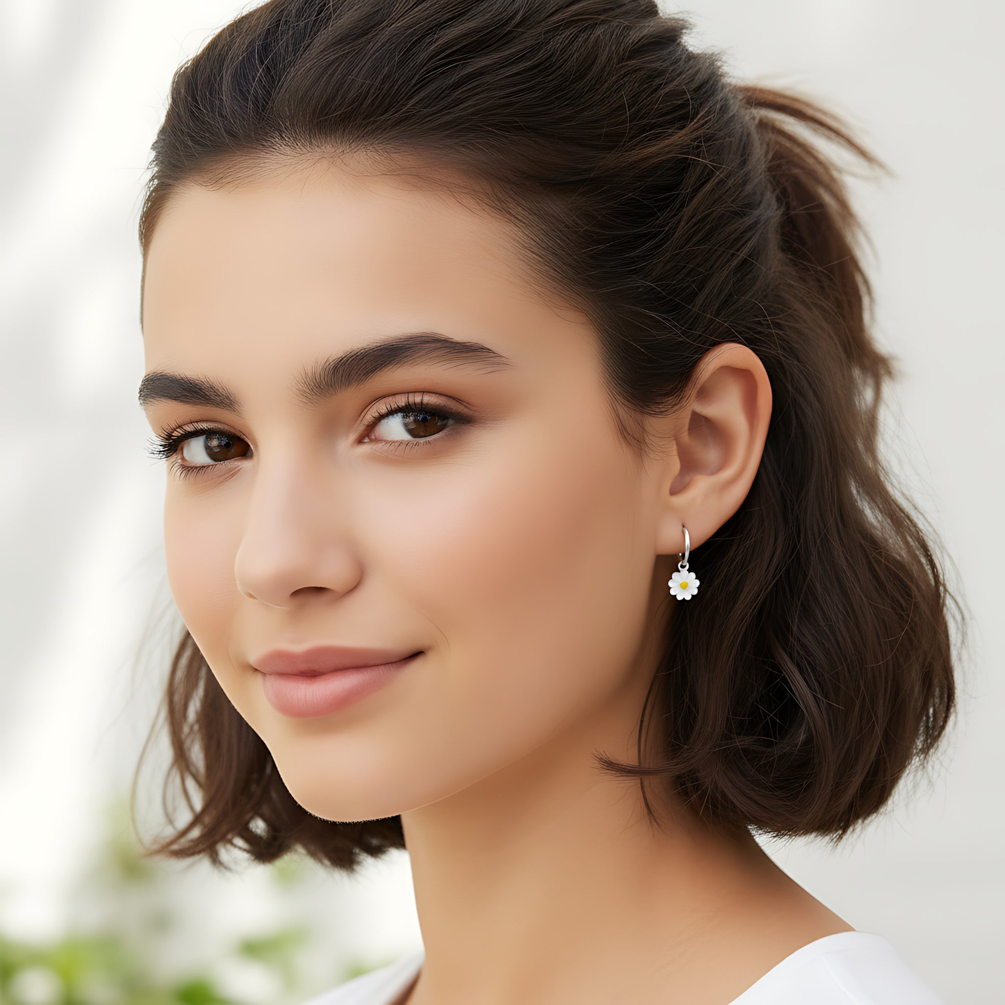 Closeup of a girl wearing a silver flower charm hoop earring on a blurred background