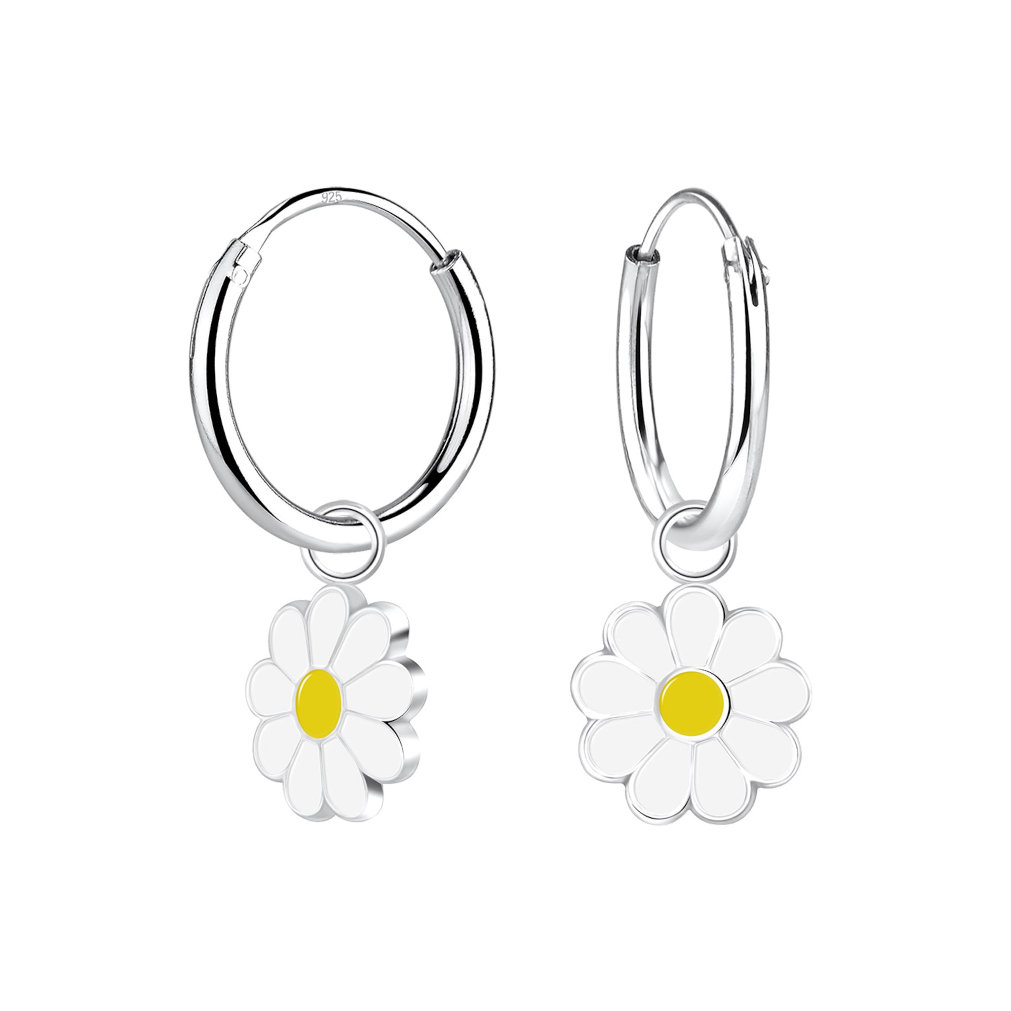 Silver hoop earrings with daisy charms on a white background