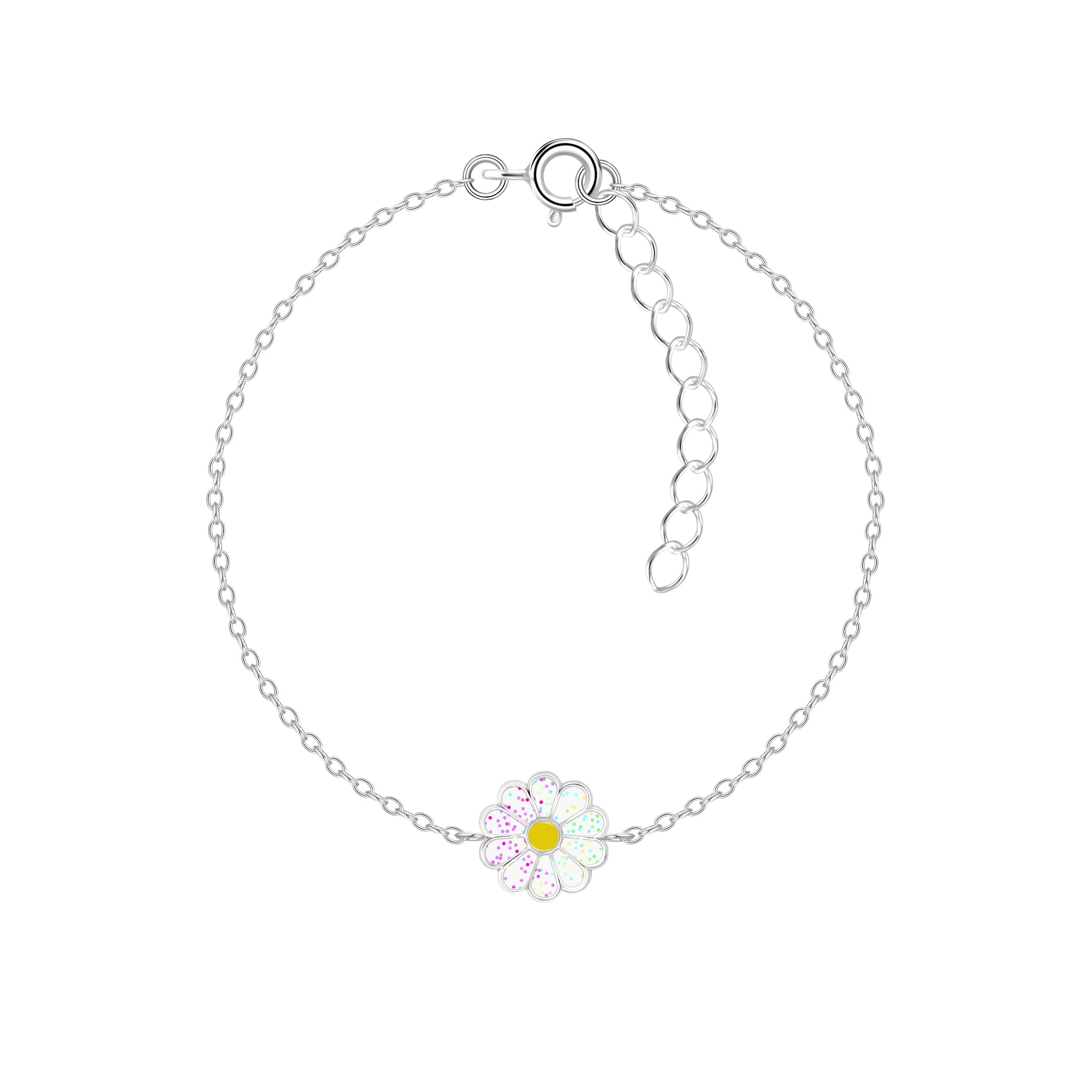 Silver bracelet with a daisy charm on a white background