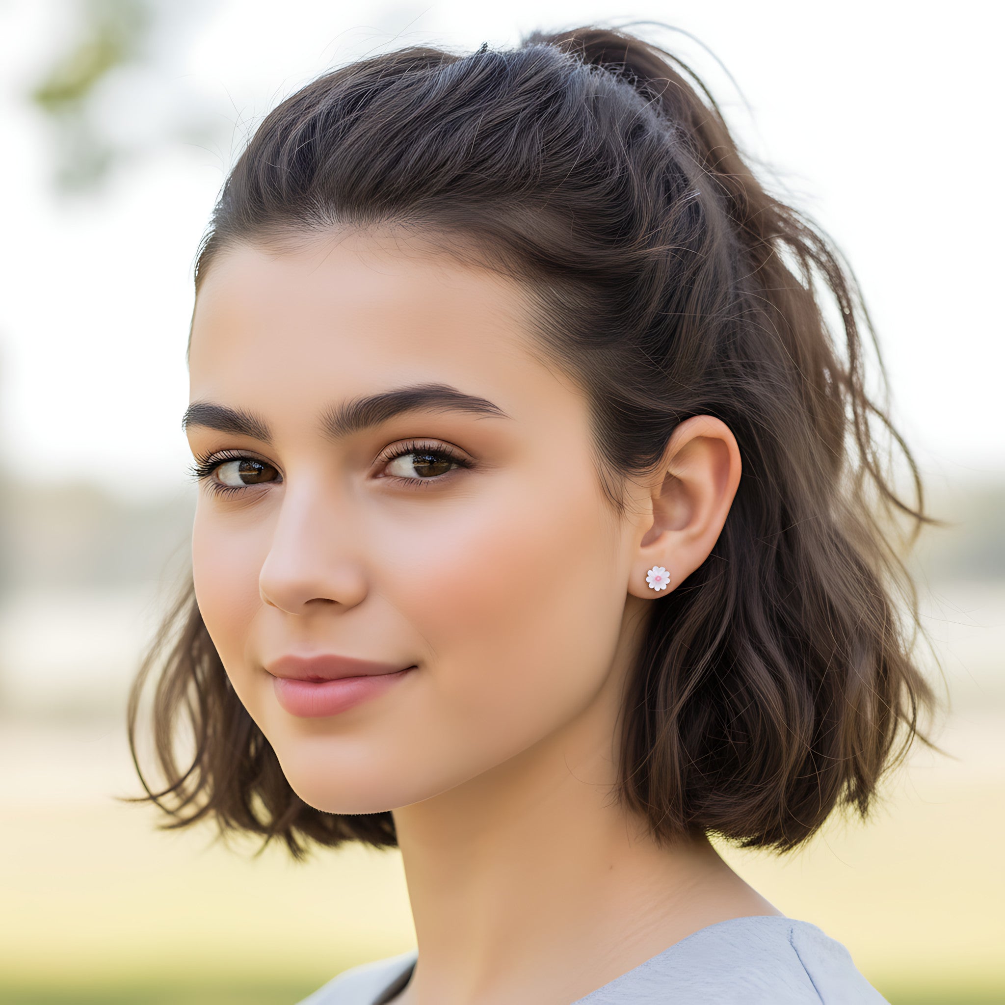 A girl with styled hair and silver flower stud earrings against a blurred natural background