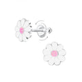 White flower-shaped crew-back stud earrings with pink centers on a white background