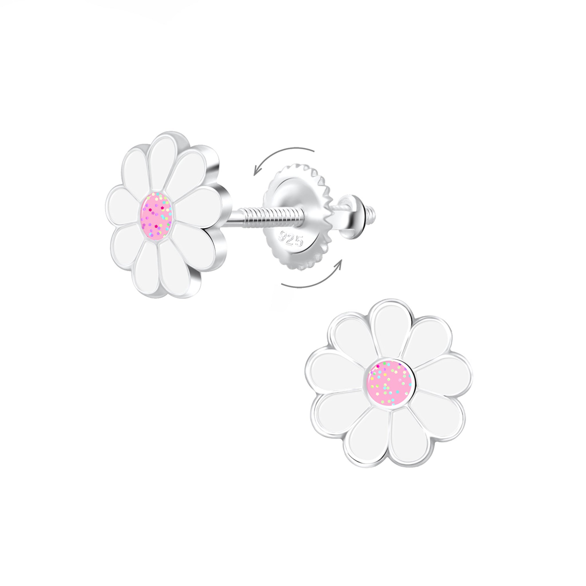 White flower-shaped crew-back stud earrings with pink centers on a white background