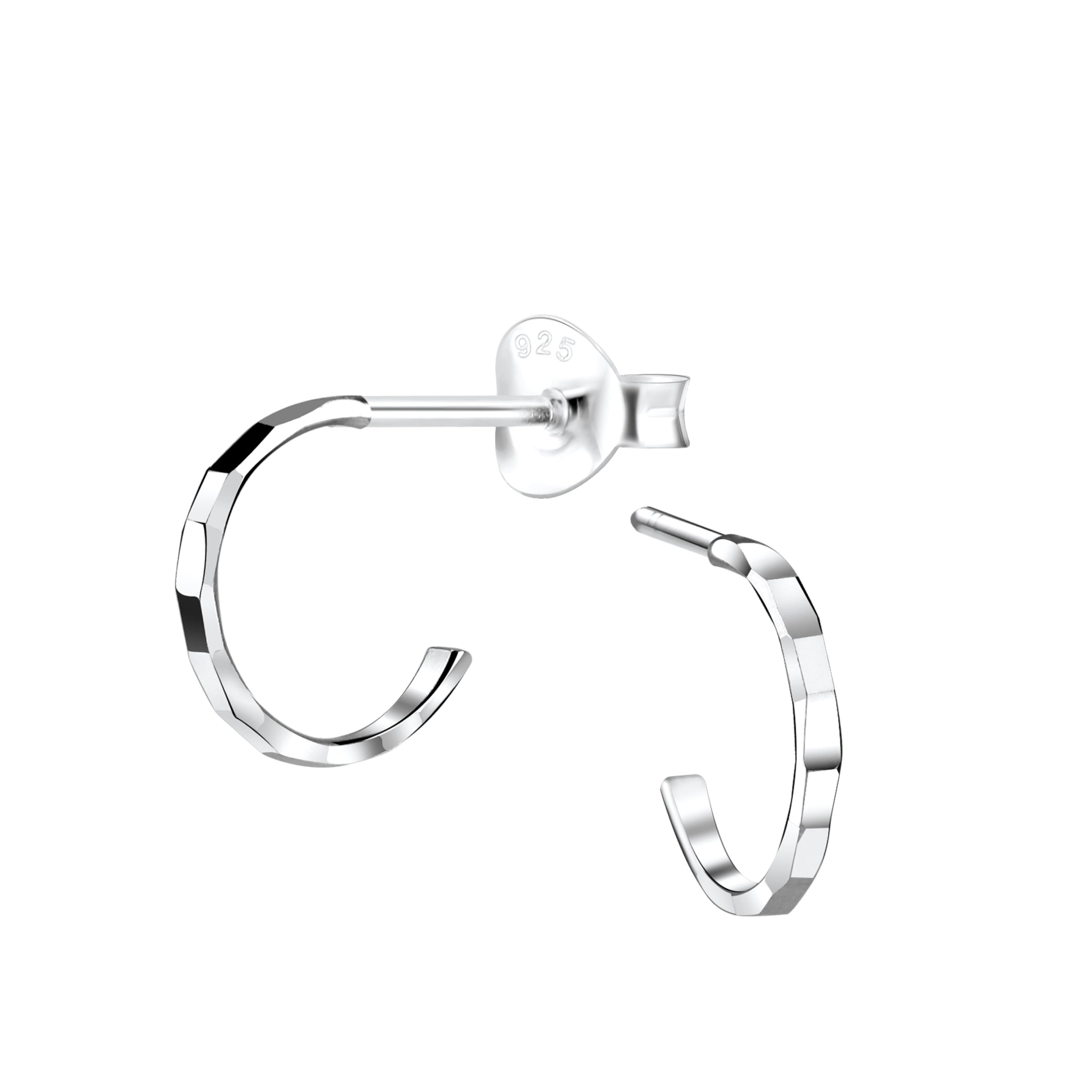 Silver diamond cut half hoop stud earrings on a white background