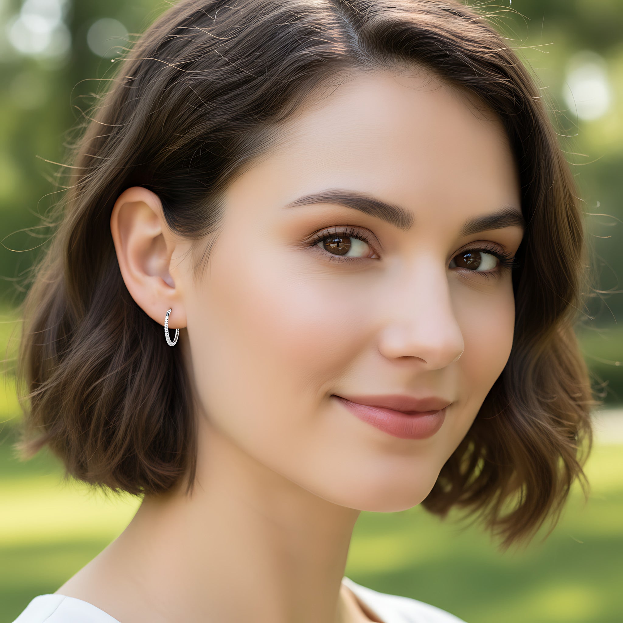 Woman with short brown hair and diamond cut hoop earrings, standing outdoors with a blurred green background