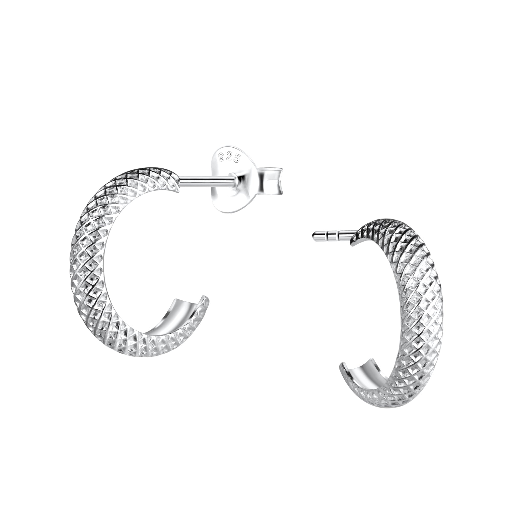 Diamond cut patterned silver half hoop stud earrings on a white background