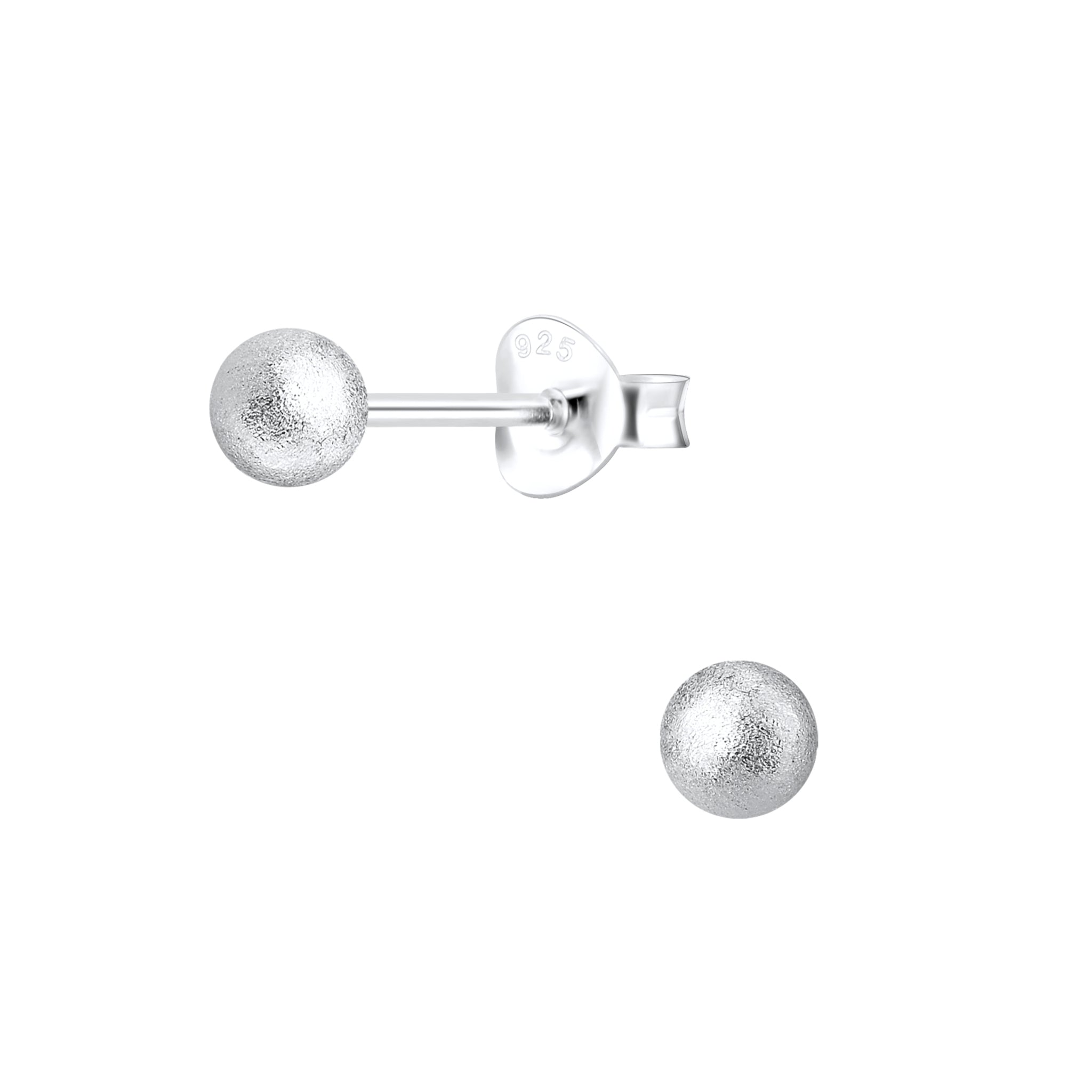 A pair of silver diamond dust ball shaped silver stud earrings on a white backgroud