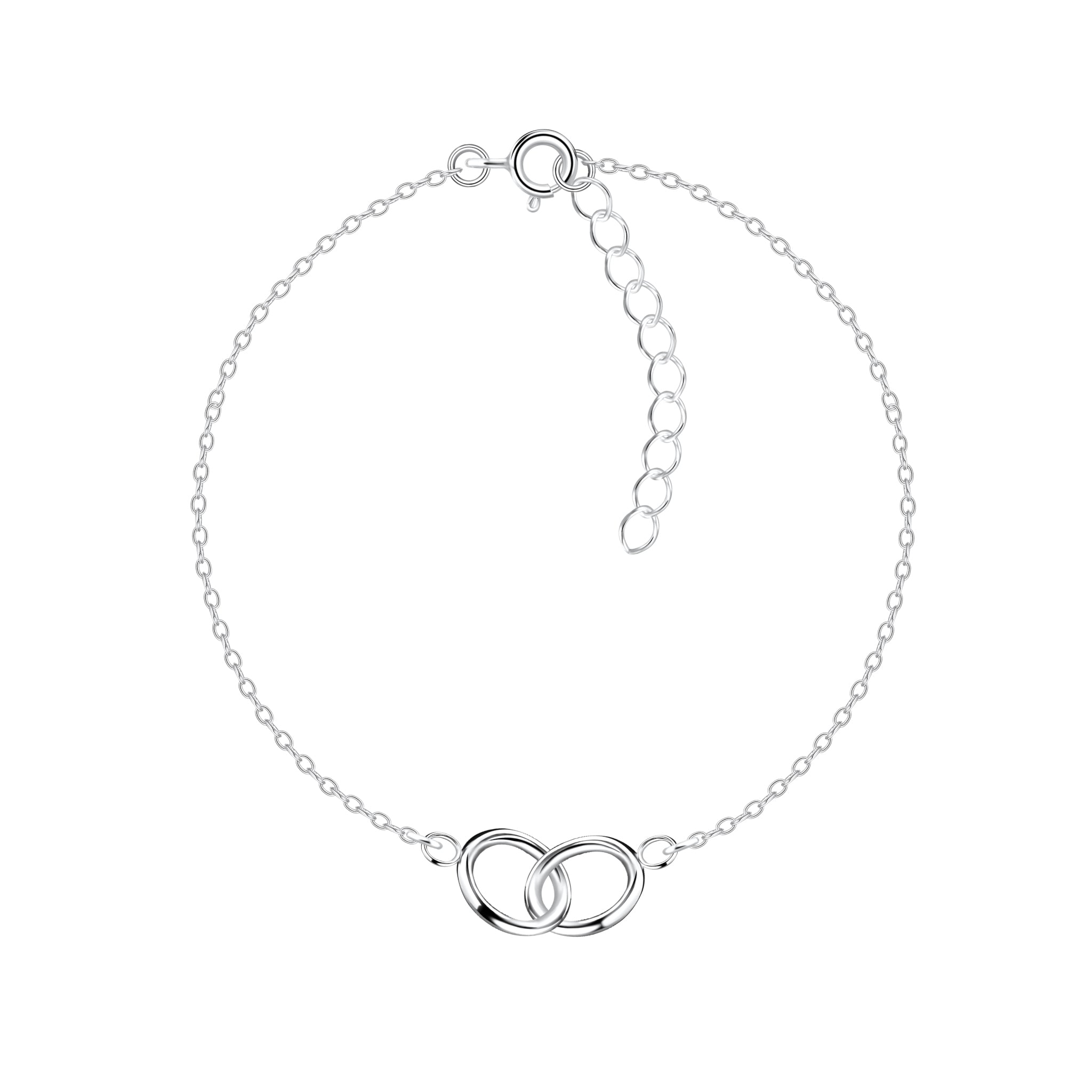 Silver bracelet with interlocking circles charms on a white background