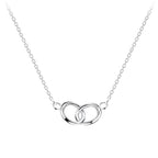 Silver necklace with interlocking circles on a white background