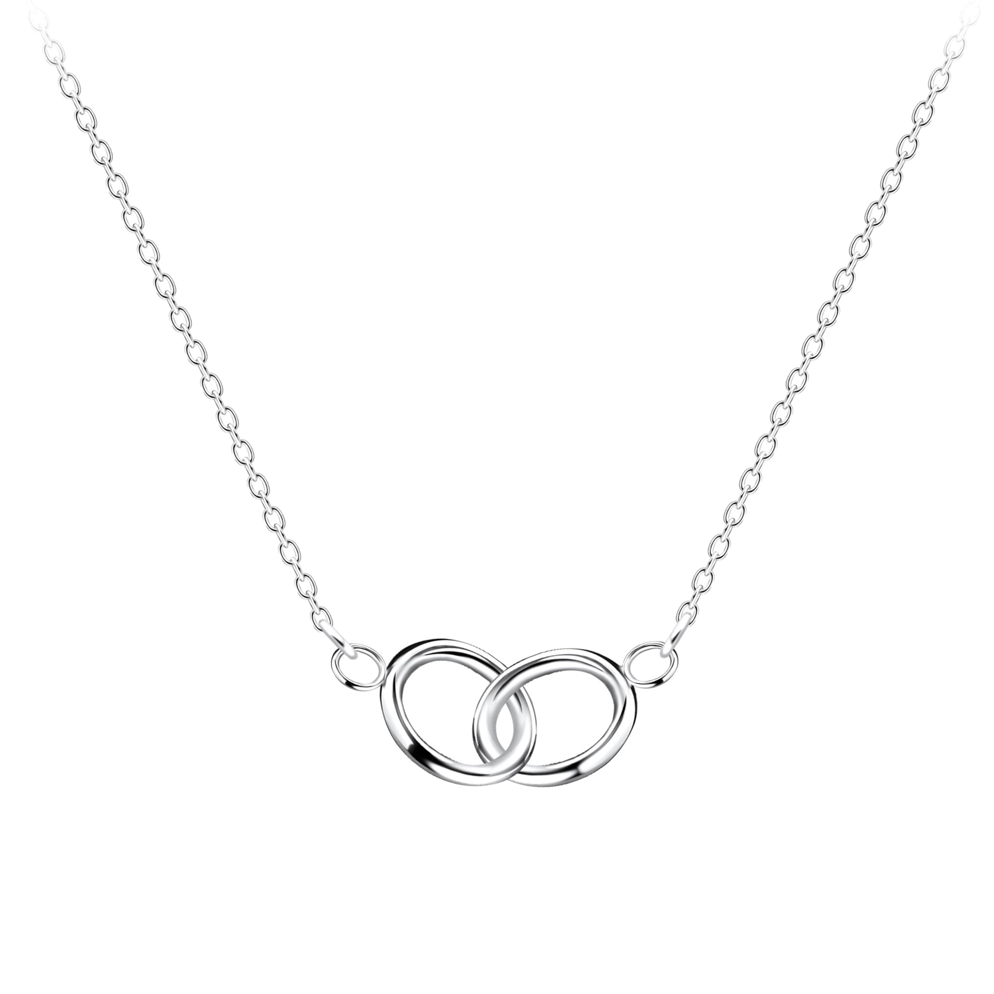 Silver necklace with interlocking circles on a white background