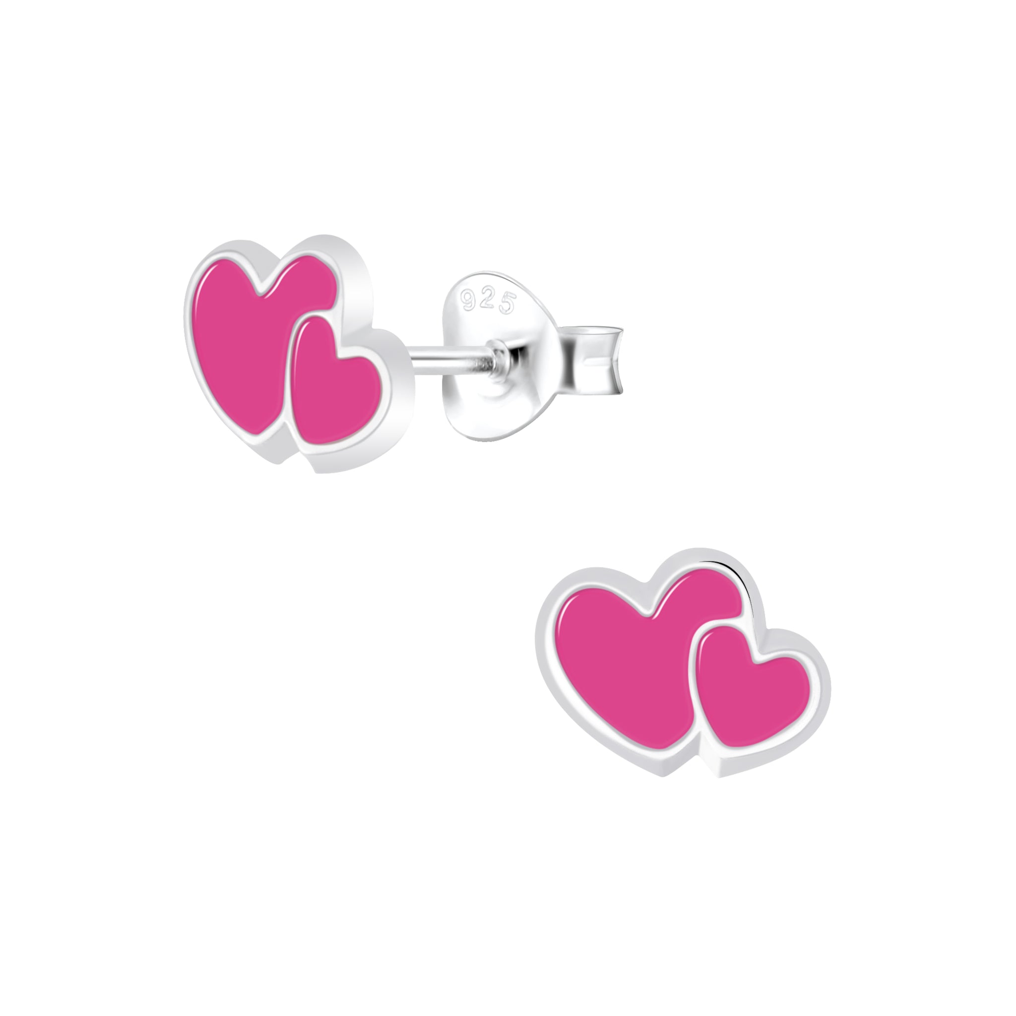 Pair of pink heart-shaped stud earrings on a white background