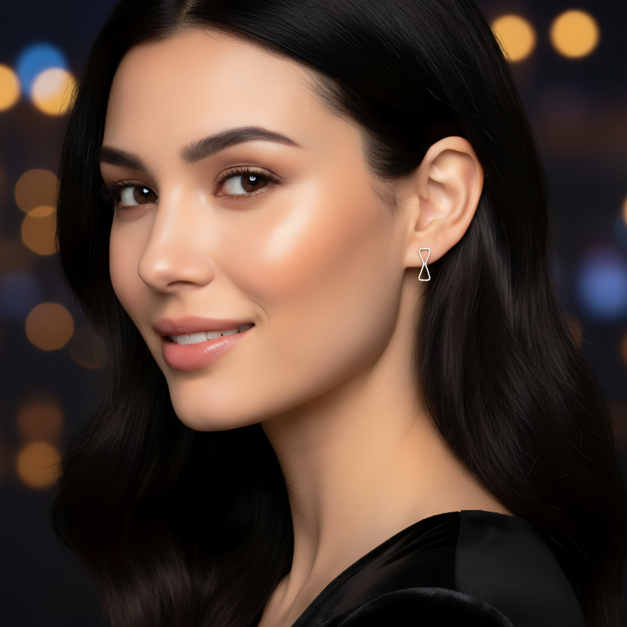 Close-up of a woman wearing a silver double triangle earring with a blurred bokeh background