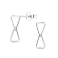 Silver double triangle shaped stud earrings on a white background