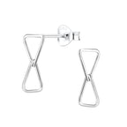 Silver double triangle shaped stud earrings on a white background