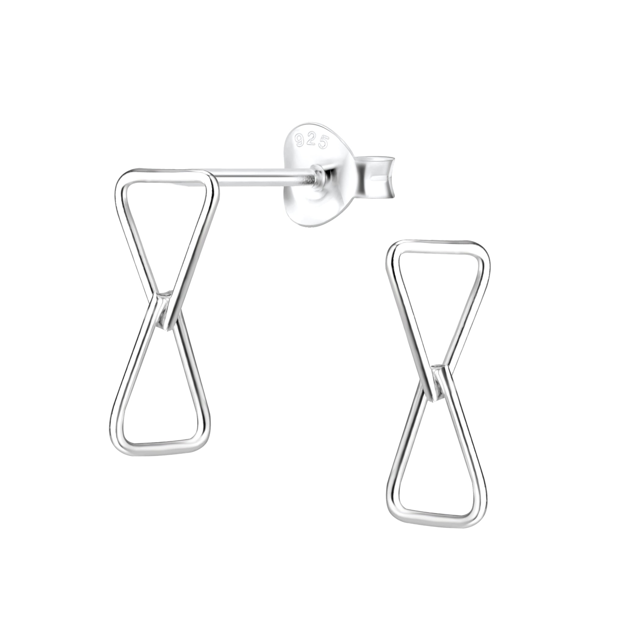Silver double triangle shaped stud earrings on a white background