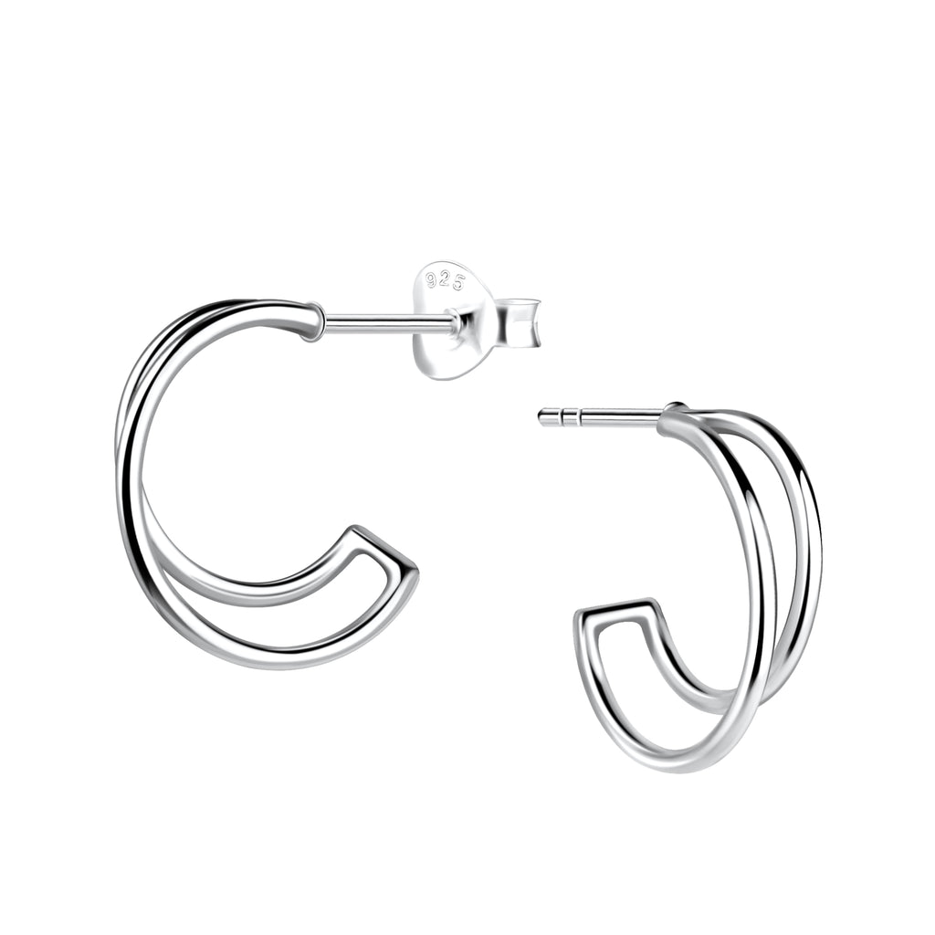 Dual band silver half hoop stud earrings on a white background