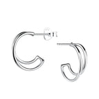 Dual band silver half hoop stud earrings on a white background