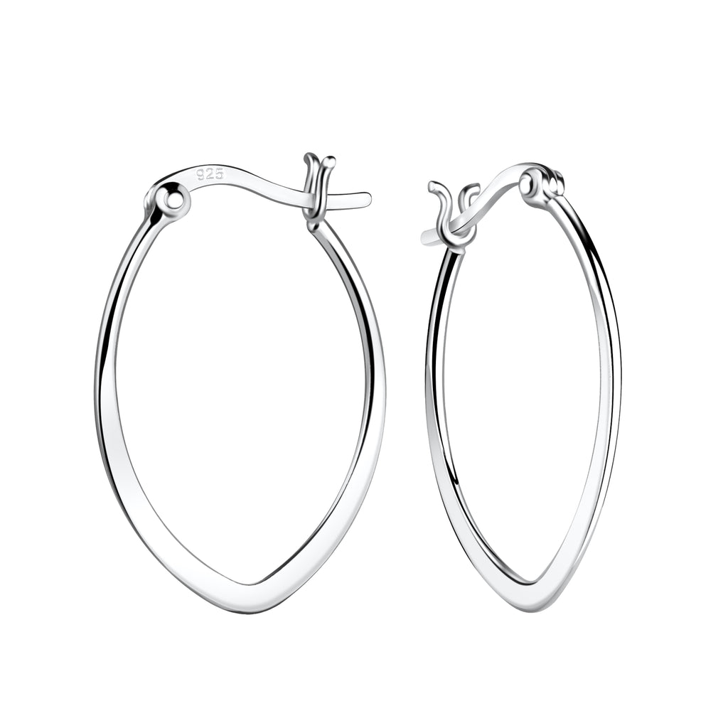 Elongated silver French lock  hoop earrings on a white background